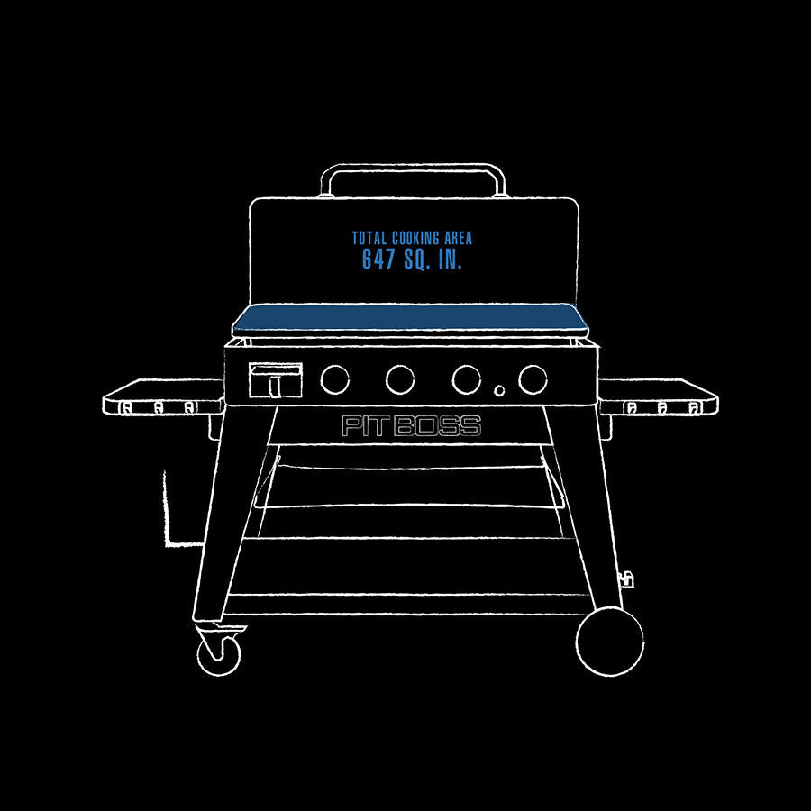 blue and white line drawing of interior dimensions of griddle. black background