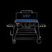 blue and white line drawing of interior dimensions of griddle. black background