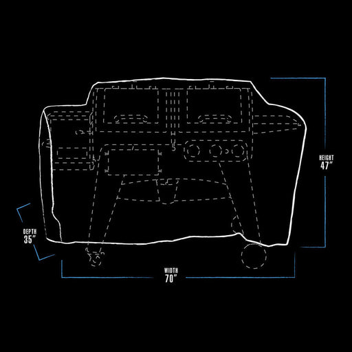 black and white grill cover dimension drawing with blue accents. bbq grill measures 70" x 35" x 47"