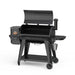 Pit Boss Pro Series 3 1150 Wood Pellet Grill. Now with Wi-Fi and bluetooth. Black grill with "pro Series" labeled in white on the front. Side view. Grill hood open.