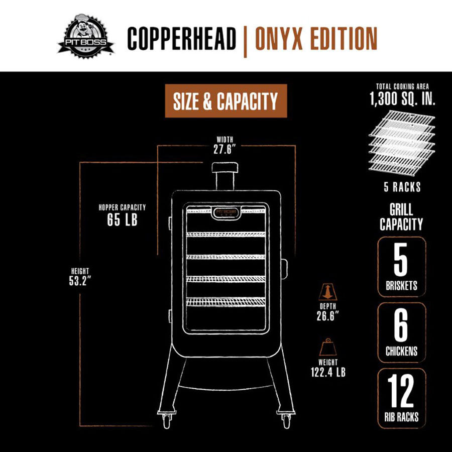 Black graphic of the smoker showing the size and capacity of the smoker.