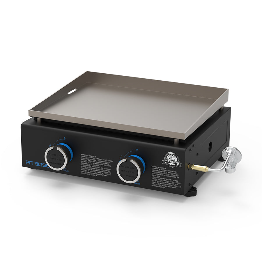 Side view of the portable griddle. Black with blue accents.