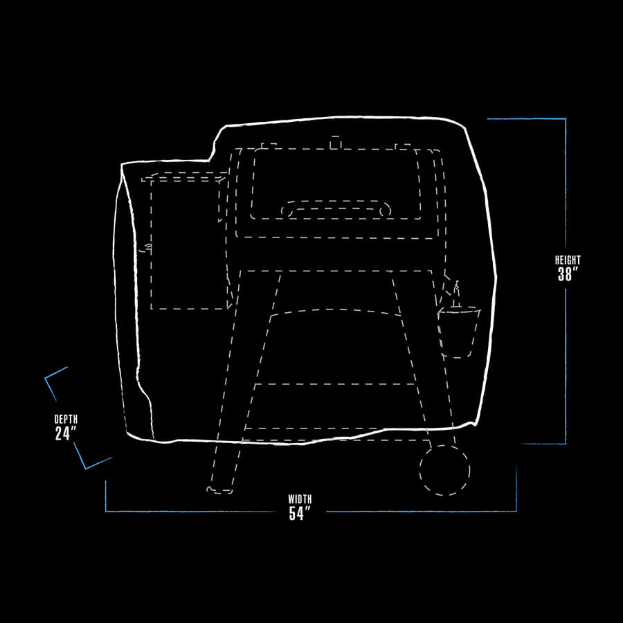 White graphic representation of the exterior dimensions of the grill cover.