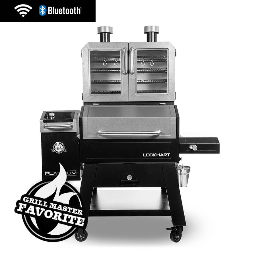 Pit Boss Lockhart Platinum Pellet/Smoker Combo Grill. "Grill Master Favorite". Black with silver accents and platinum logo.