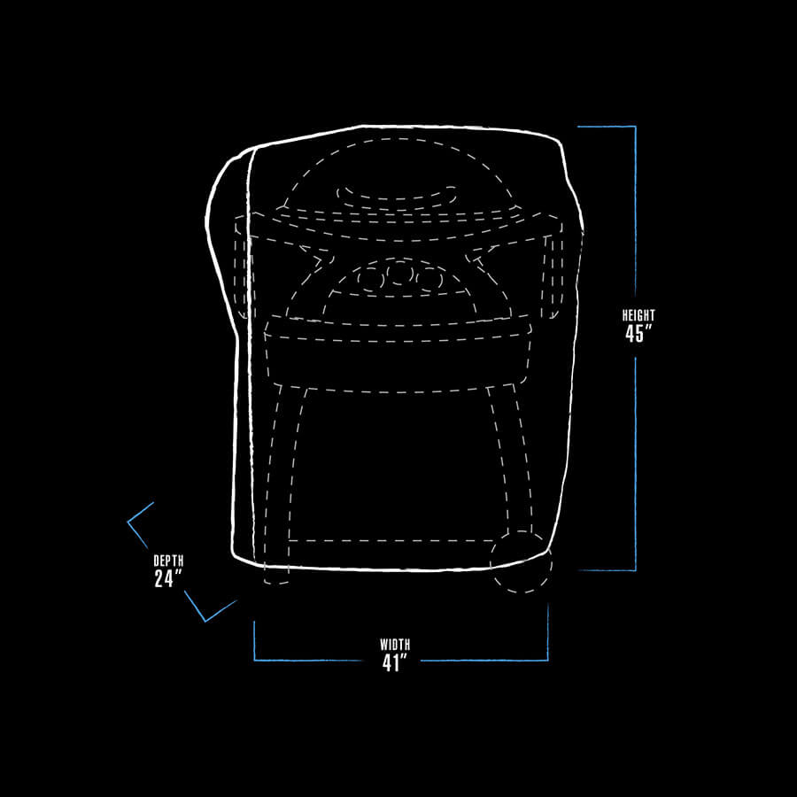 White and blue graphic representation of the exterior dimensions of the grill cover.