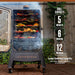 Smoker with meats and veggies being cooked on all five racks. Graphic showing the grill capacit.