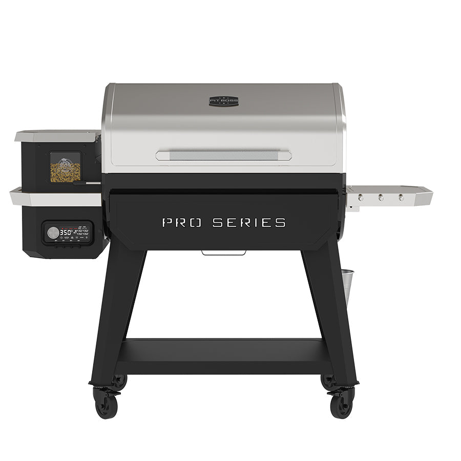 Pit Boss Pro Series 1600 Elite with side table. Black with silver hood.  Pellet Hopper displayed