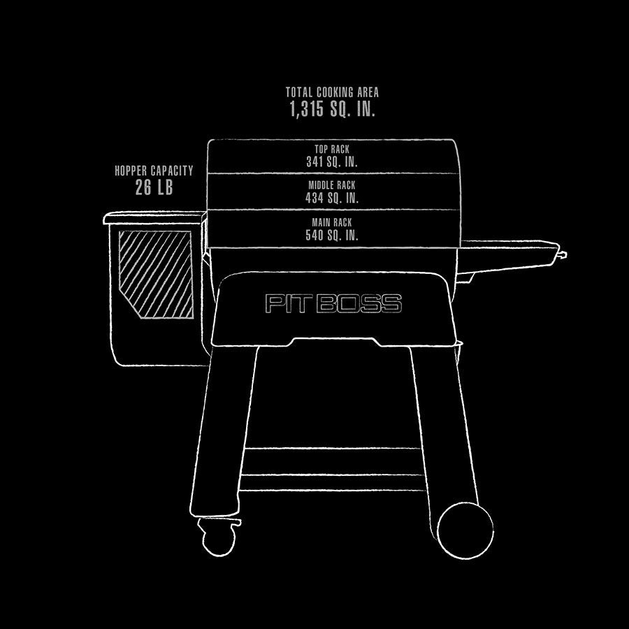 black and white line drawing of grill showing interior dimensions