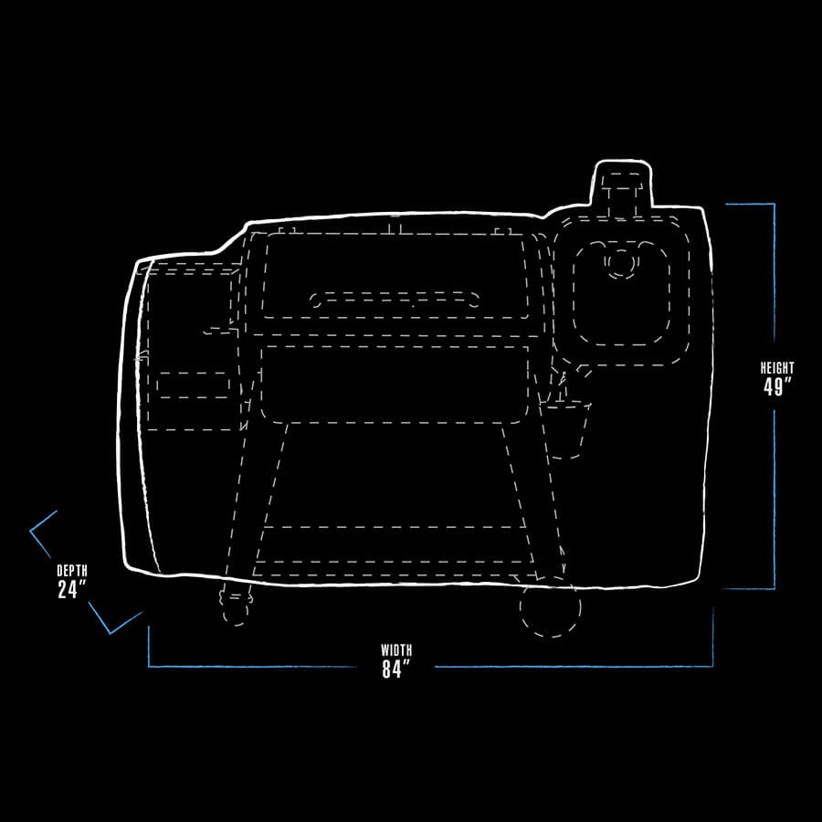 black and white dimension drawing with blue accent lines. grill cover measures 84" x 24" x 49"