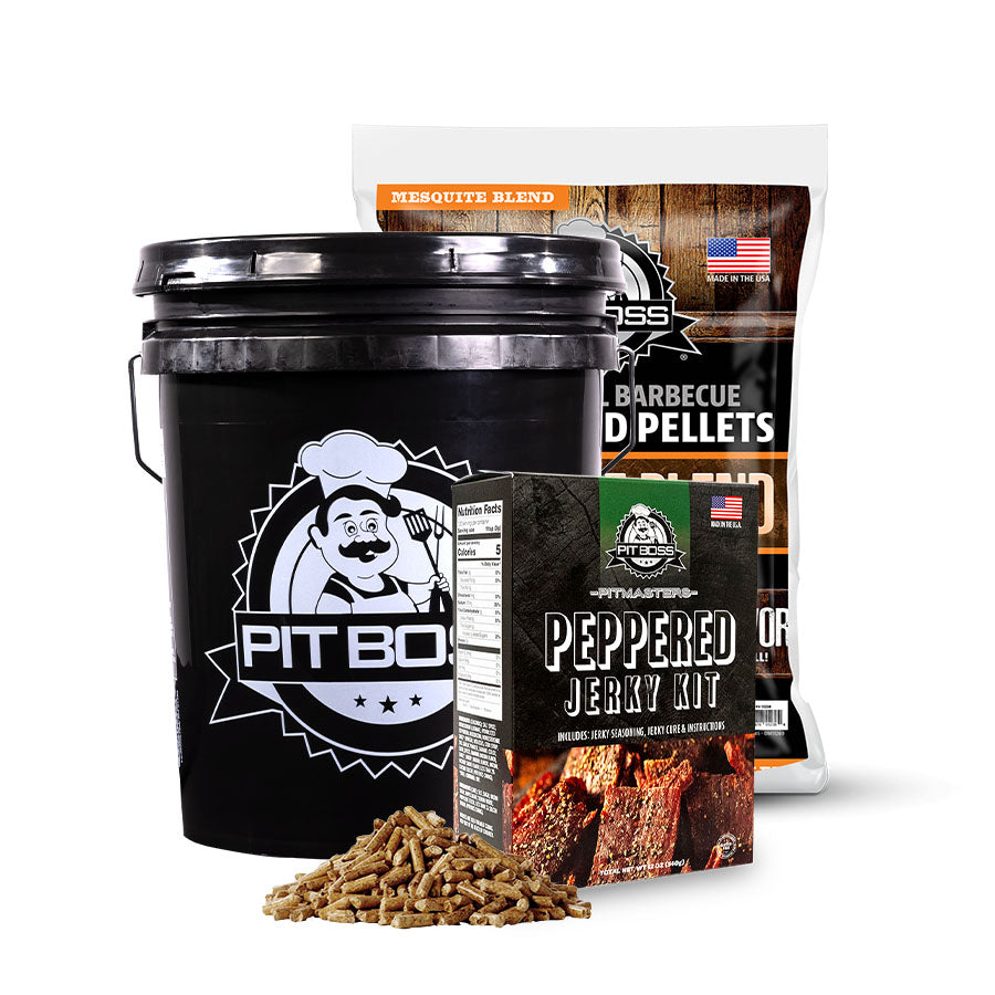 The Pit Boss Pit Master Peppered Jerky Bucket Kit comes with a 5 gallon all-weather storage bucket that can hold up to 20+ lbs of wood pellets with a lid, a peppered jerky prep seasoning kit, and 20 lbs. of Mesquite Blend Hardwood Pellets.