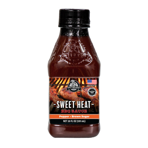 Pit Boss Sweet Heat BBQ Sauce. Black and white label. Orange stripe. Made in the US.