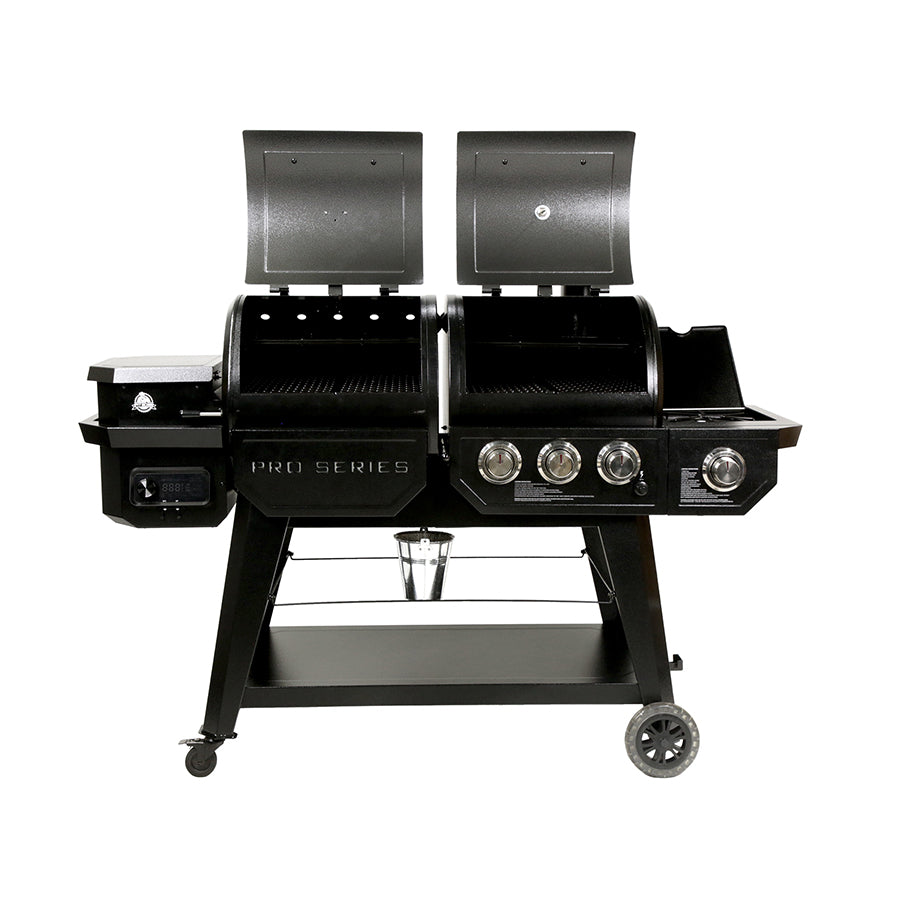 lifestyle_1, Black double grill with silver accents and white lettering with Pit Boss logo. Grill hoods open. Front view