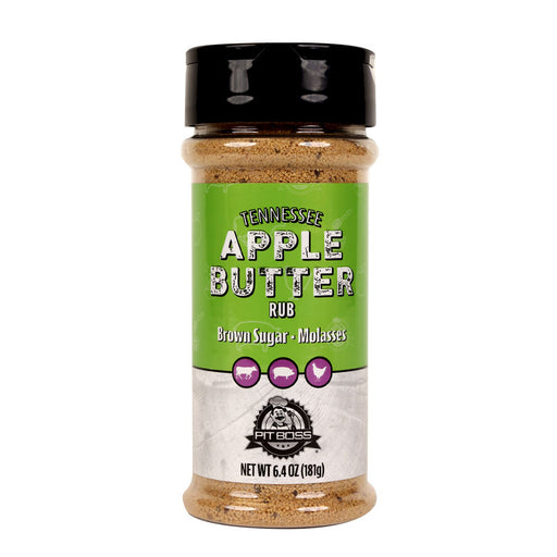 Pit Boss Tennessee Apple Butter BBQ Rub Spice Bottle, Green and White label for pork and beef