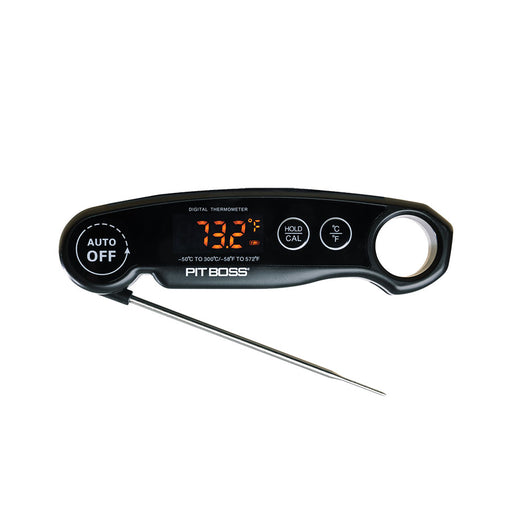 Black thermometer with orange led numbers, white lettering and silver metal probe